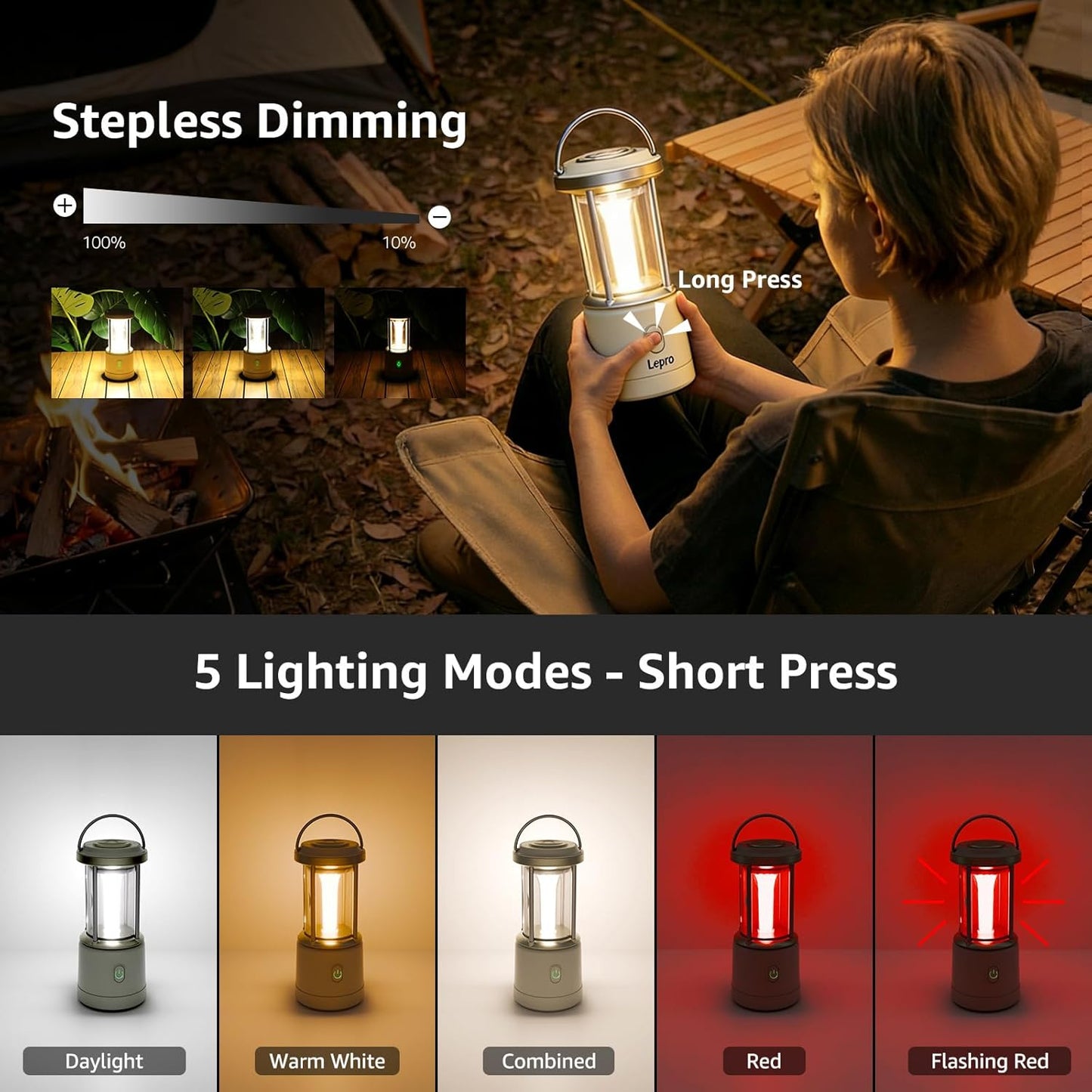 Lepro White Camping Lantern, 2000 Lumen Camping Light Reachargeable or AA Battery Powered, Dimmable 5 Modes, Warm White & Cool Light, Rechargeable Lantern for Power Cuts, Tents, Fishing, Storm, Emergency