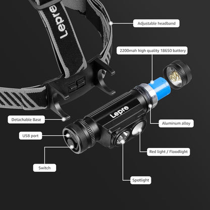 Lepro Head Torch Rechargeable, 2 in 1 Detachable Lightweight Headlamp with IP65 Waterproof, 180° Adjustable, 6 Lighting Modes, Long Runtime, Red Lights, Al Alloy LED Headlight for Camping