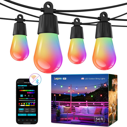 Lepro ZB1 AI Outdoor String Lights 15m, Smart Outdoor Lights Waterproof IP65, Dimmable Warm White Garden String Lights, AI Lighting Design Assistant, Works with Alexa, Bluetooth & 2.4G WiFi, No Remote