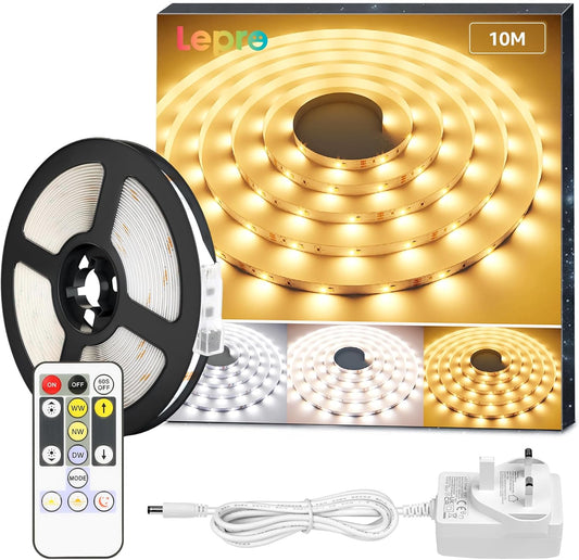 Lepro 10M LED Strip Lights with Remote and Plug, Warm White to Cool Daylight, Whiteness and Brightness Adjustable, Stick-on LED Tape for Mirror, Bed, Stair, Cabinet and More