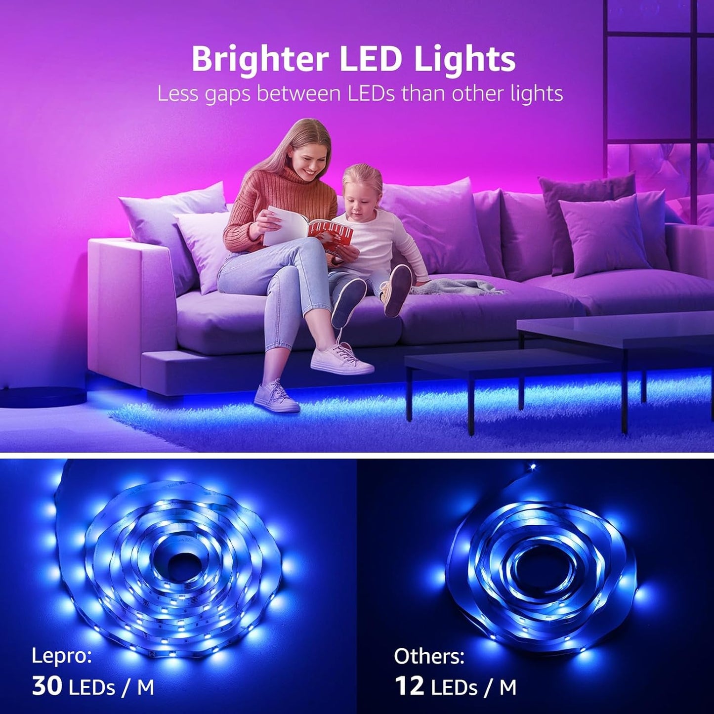 Lepro Smart RGB LED Strip Light 5M, Music Sync, Works with Alexa and Google Assistant, Smart Life App, Remote and Voice Control, Colour Changing LED Lights for Bedroom Party Home Decor