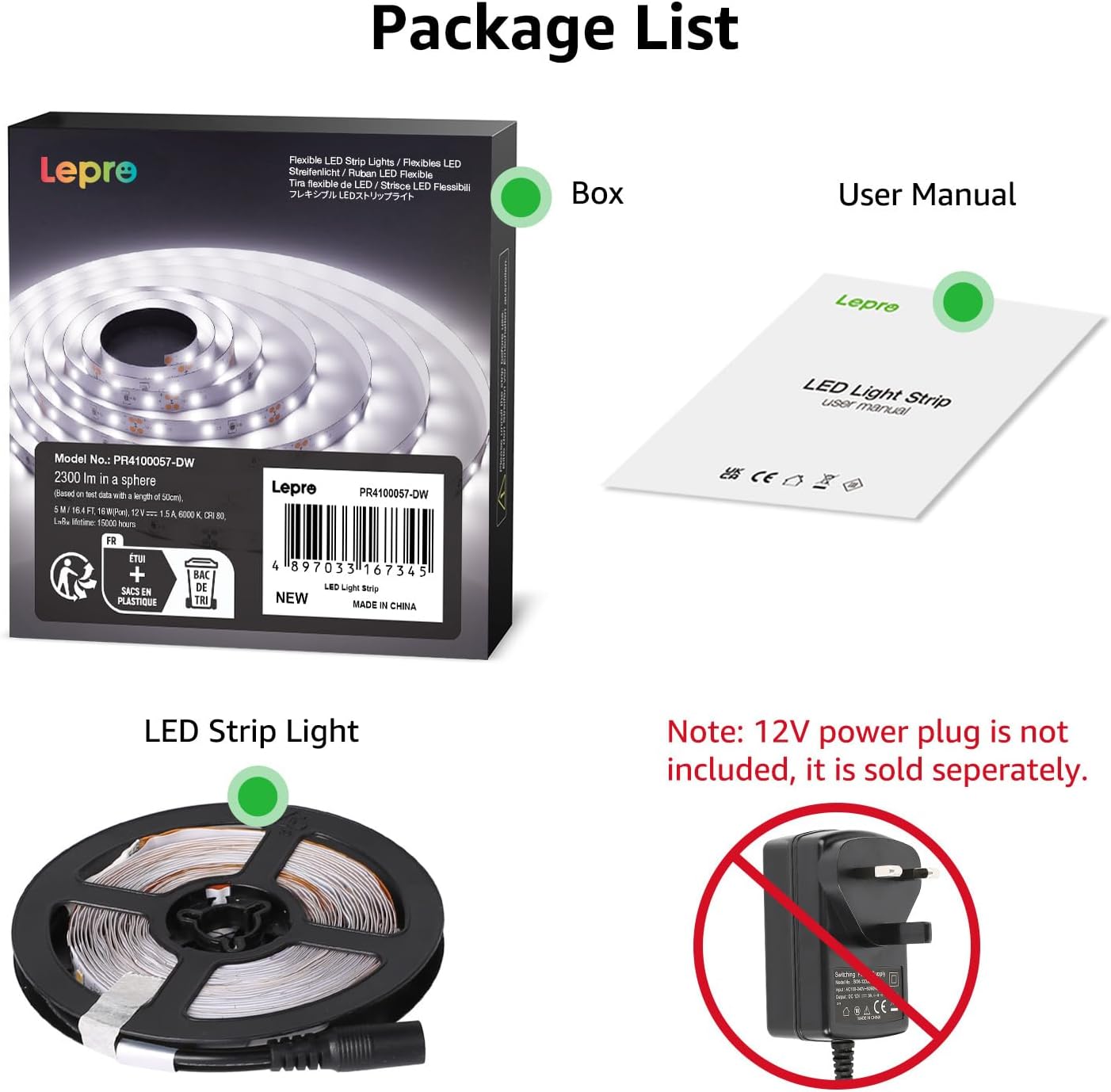 Lepro 5M LED Strip Lights, Cool White 6000K, 300 LEDs, 2300lm Bright Daylight LED Tape for Kitchen Cabinet Bar Van TV Mirror and More (12V Power Supply Not Included)