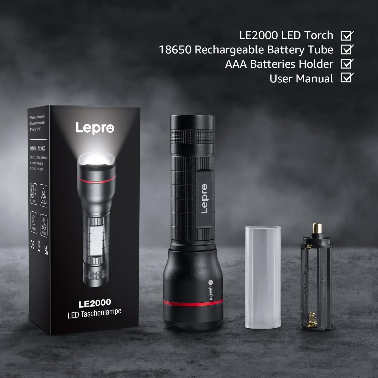 Lepro LED Torch, LE 2000 Super Bright Flashlight, Powered by AAA or 18650 Rechargeable Battery, Water Resistant, 5 Modes, Zoomable, Small Handheld Torch for Camping, Dog Walking, Running, Emergency
