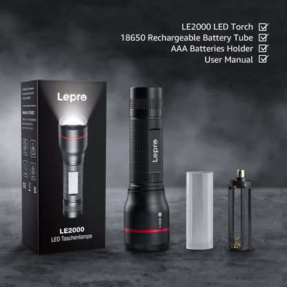 Lepro LED Torch, LE 2000 Super Bright Flashlight, Powered by AAA or 18650 Rechargeable Battery, Water Resistant, 5 Modes, Zoomable, Small Handheld Torch for Camping, Dog Walking, Running, Emergency