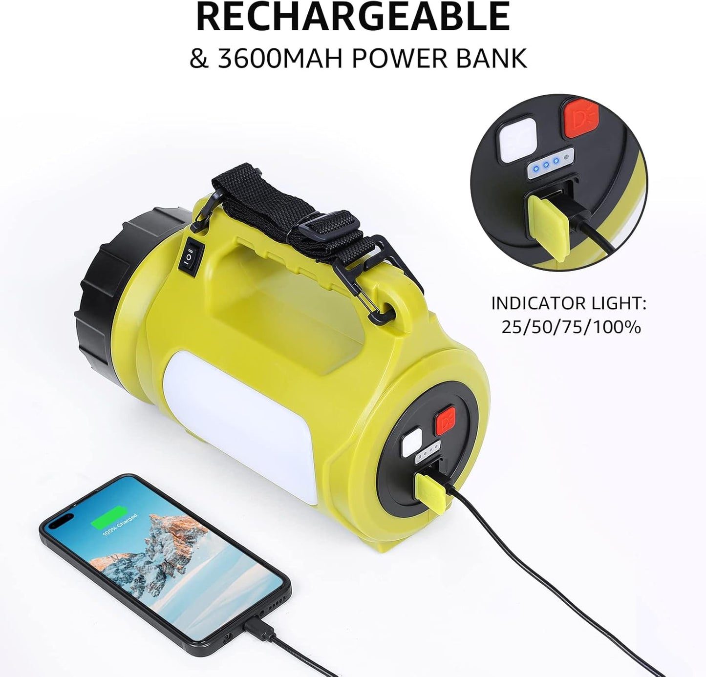 LE Rechargeable Camping Lantern, 1000 Lumen Bright LED Torch Rechargeable, 5 Modes Outdoor Searchlight with 3600mAh Power Bank, Portable Work Light for Hiking, Fishing, Power Cuts, Emergency and More