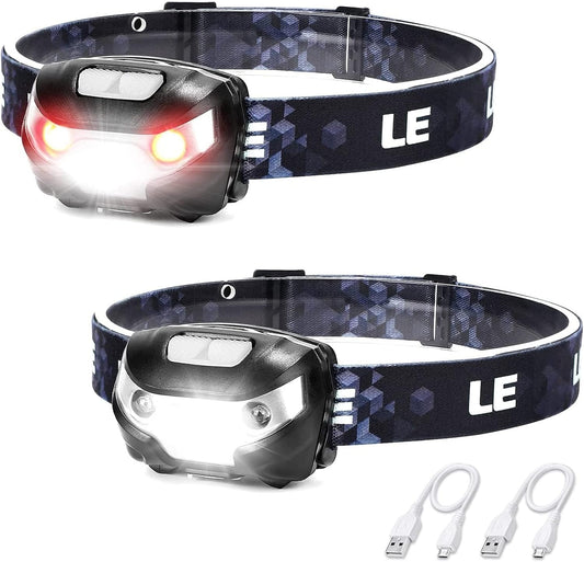 LE Head Torch Rechargeable, [2 Pack] Super Bright LED Headlamp Waterproof with 5 Lighting Modes, 30 Hours Runtime, Red Warning Lights, Lightweight Headlight for Running