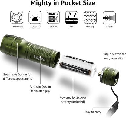 LE LED Torch Battery Powered, LE1000 Hand Flashlight, Adjustable Focus, Water Resistant, Lightweight, for Power Cut, Camping, Dog Walking, Easy to Use Small Torch, Gift for Kids Men Dad, 2 Packs