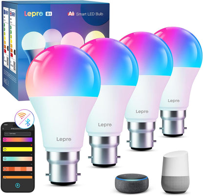 Lepro B1 AI Smart Bulb Bayonet, Music Sync B22 WiFi Bulbs, Voice Control, AI Lighting Design Assistant, Bluetooth Colour Changing Light Bulb,Work with Alexa & Google Assistant,RGBCCT Dimmable,4 Packs