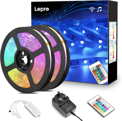 Lepro LED Strip Lights Music Sync 15M (2x7.5M), 5050 RGB Colour Changing LED Strip with Remote and Plug, Dimmable Stick on LED Lights for Bedroom, Kitchen, Party, Teen Girl Kids Room Decor
