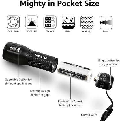LE LED Torch, LE1000 Powerful Handheld Flashlight, Super Bright, Pocket Size, Lightweight, Suit for Camping, Cycling, Running, Dog Walking and More Outdoor Use, 12 AAA Batteries Included, Pack of 4