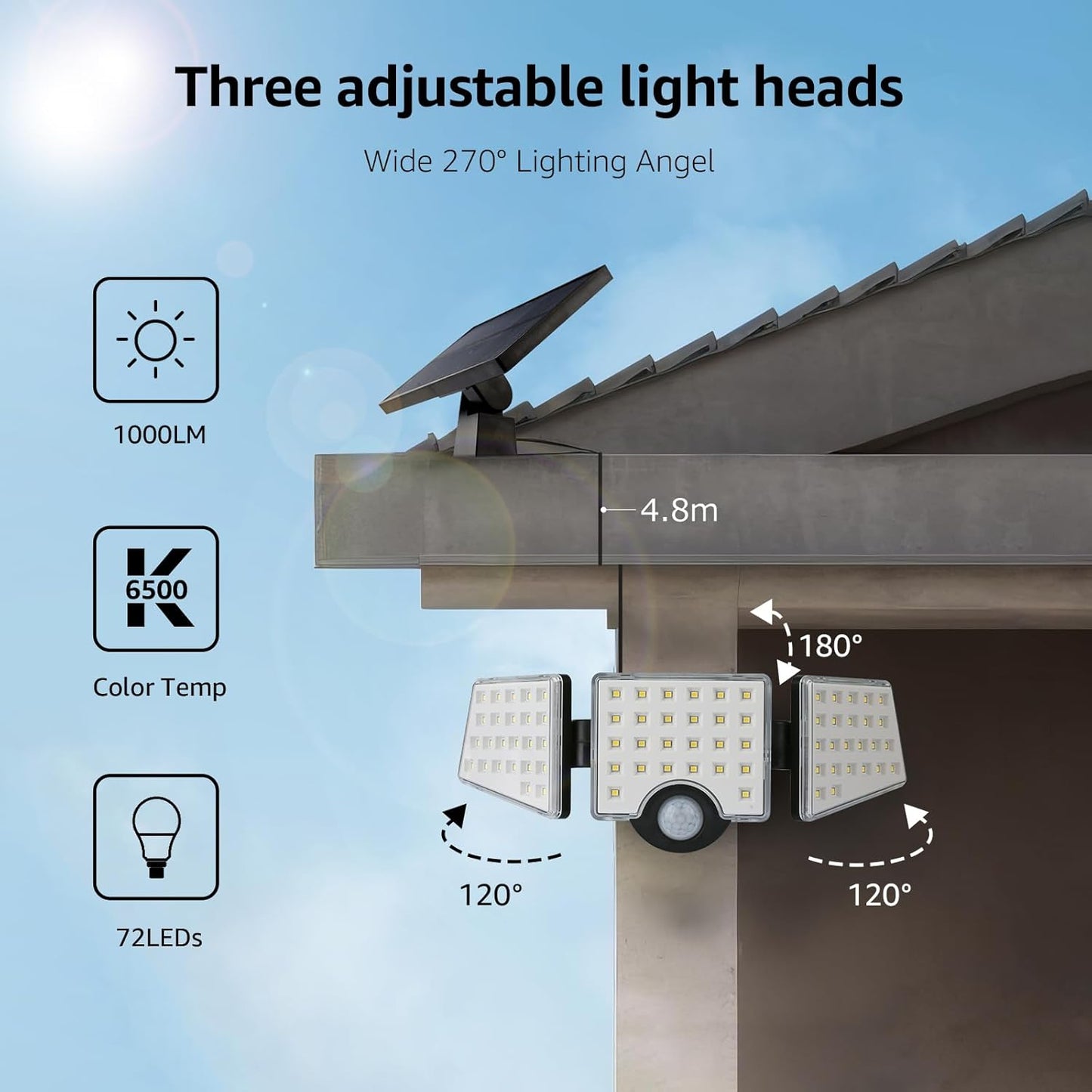 Lepro Solar Security Lights Outdoor Motion Sensor, 1200LM Solar Flood Lights with Separate Solar Panel, IP65 Waterproof, Adjustable 3Heads, Solar Pir Wall Lights for Yard Garage Pathway