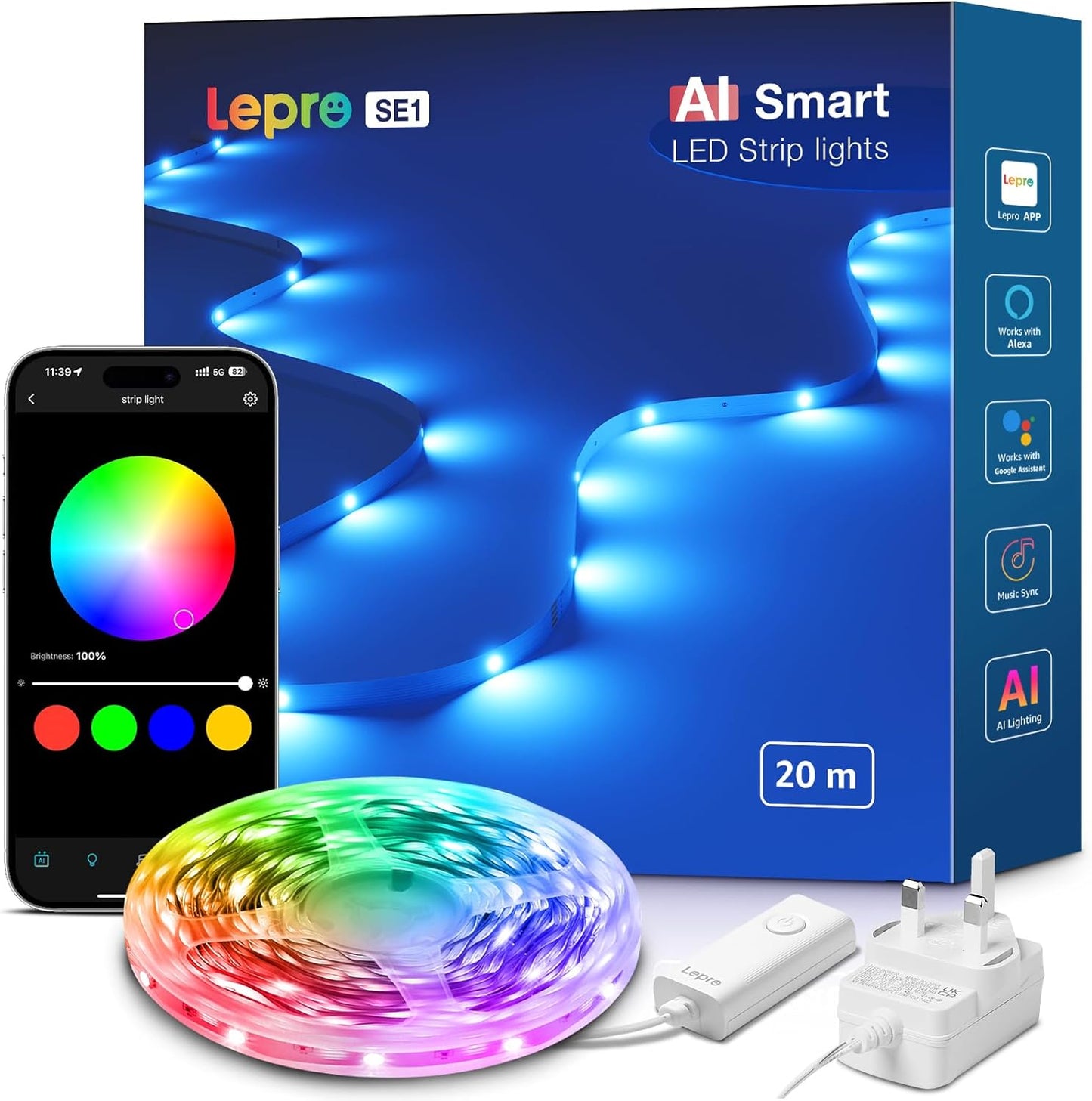 Lepro SE1 AI Smart RGB LED Strip Light 20M Roll, WiFi App Voice Control, Works with Alexa & Google Home, Music Sync, AI Lighting Design Assistant, Colour Changing LED Lights for Bedroom, No Remote