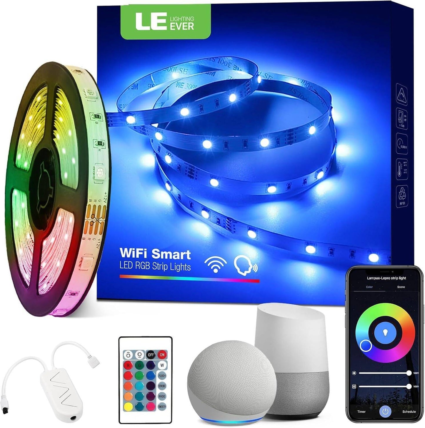 LE Alexa LED Strip Light 5m, Smart WiFi App Control RGB LED Strip, 150 LEDs Light Strip with Remote, Works with Alexa and Google Home, Flexible LED Lights for Bedroom Party Kitchen