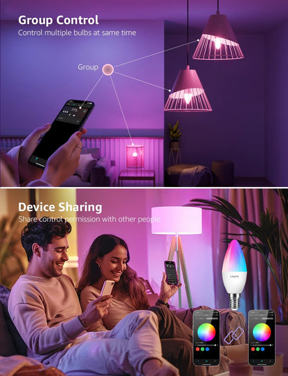 Lepro BC1 AI Smart Bulb E14, Music Sync WiFi Bulb, Voice Control, AI Lighting Design Assistant, Bluetooth Color Changing Light Bulb, RGBCCT Candle Bulb, Work with Alexa & Google Assistant, 4 Packs