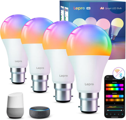 Lepro B2 AI Smart Bulb Bayonet, 1100LM Music Sync B22 WiFI Bulbs, Voice Control, AI Lighting Design Assistant, RGBCCT, Bluetooth Colour Changing Light Bulb, Work with Alexa & Google Assistant, 4 Packs