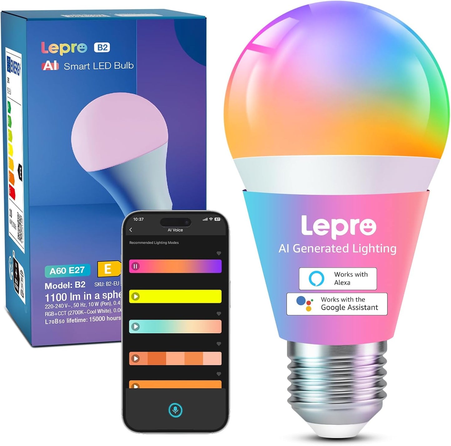 Lepro B2 AI Smart Bulb E27, 1100LM Music Sync Bluetooth & WiFi Bulb, Voice Control Screw Light Bulbs, RGBCCT, AI Lighting Design Assistant, Colour Changing Bulb, Work with Alexa & Google Assistant