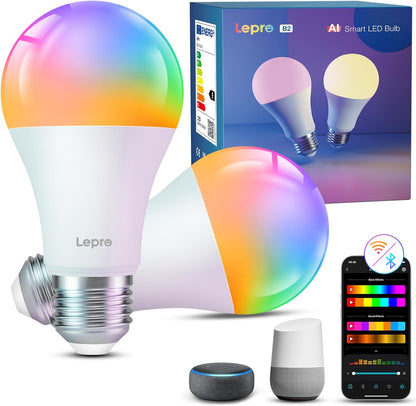 Lepro B2 AI Smart Bulb E27, 1100LM Music Sync Bluetooth & WiFi Bulb, Voice Control Screw Light Bulbs, AI Lighting Design Assistant, Colour Changing Bulb, Work with Alexa & Google Assistant, 2 Packs