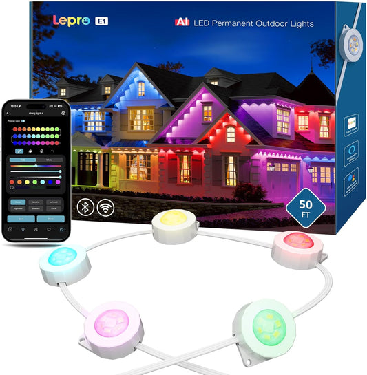 Lepro E1 AI Permanent Outdoor Lights 15m, Smart Outdoor Lights Waterproof, Tunable White, AI Lighting Design Assistant, Colour Changing Eaves Lights, Works with Alexa, 2.4G WiFi & Bluetooth, No Remote