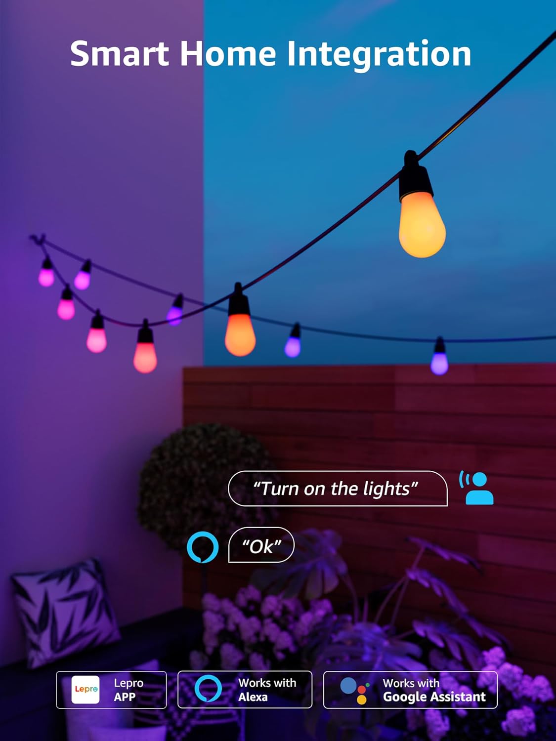 Lepro ZB1 AI Outdoor String Lights 30m, Smart Outdoor Lights Waterproof IP65, Dimmable Warm White Garden String Lights, AI Lighting Design Assistant, Works with Alexa, Bluetooth & 2.4G WiFi, No Remote