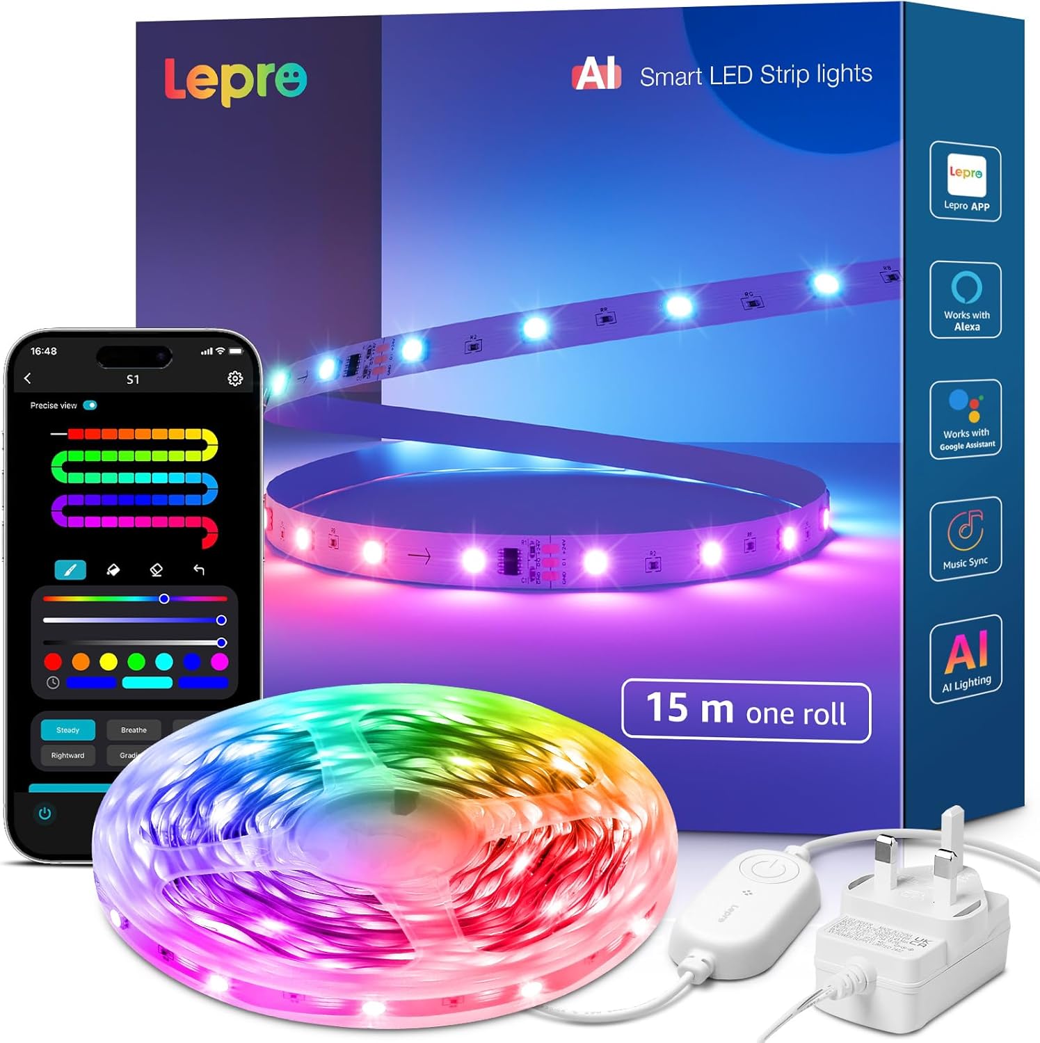 Lepro S1 AI Smart Rainbow LED Strip Light 15M one roll, App & Voice Control, Works with Alexa & Google Home, 30 LEDs/M, Music Sync, AI Lighting Design Assistant, MagicColor LED Lights for Bedroom