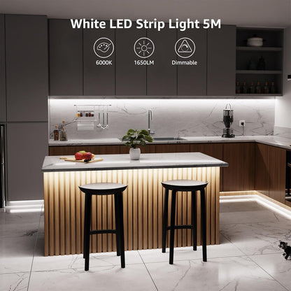 Lepro LED Strip Light White 5M 300 LEDs, 1650lm Dimmable Strip Lights for Kitchen, Cool White 6000K Daylight LED Strip for Under Units Cabinet Cupboards (12V Power Plug and Dimmer Switch Included)