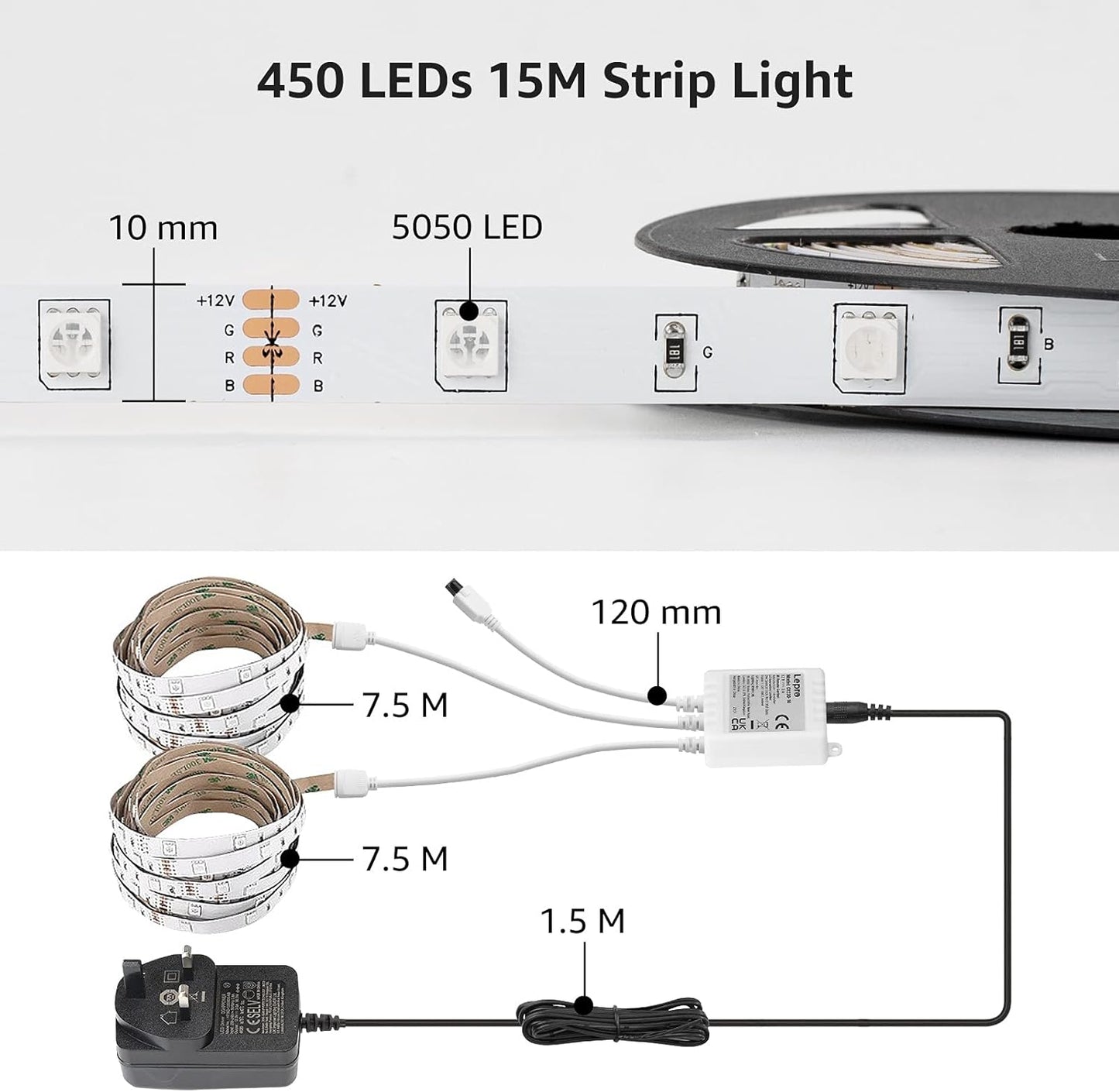 Lepro LED Strip Lights 15M (2x7.5M), RGB Colour Changing LED Strip with 44-Key Remote and 12V Power Plug, Stick-on LED Lights for Bedroom Home Decoration (450 Bright 5050 LED)