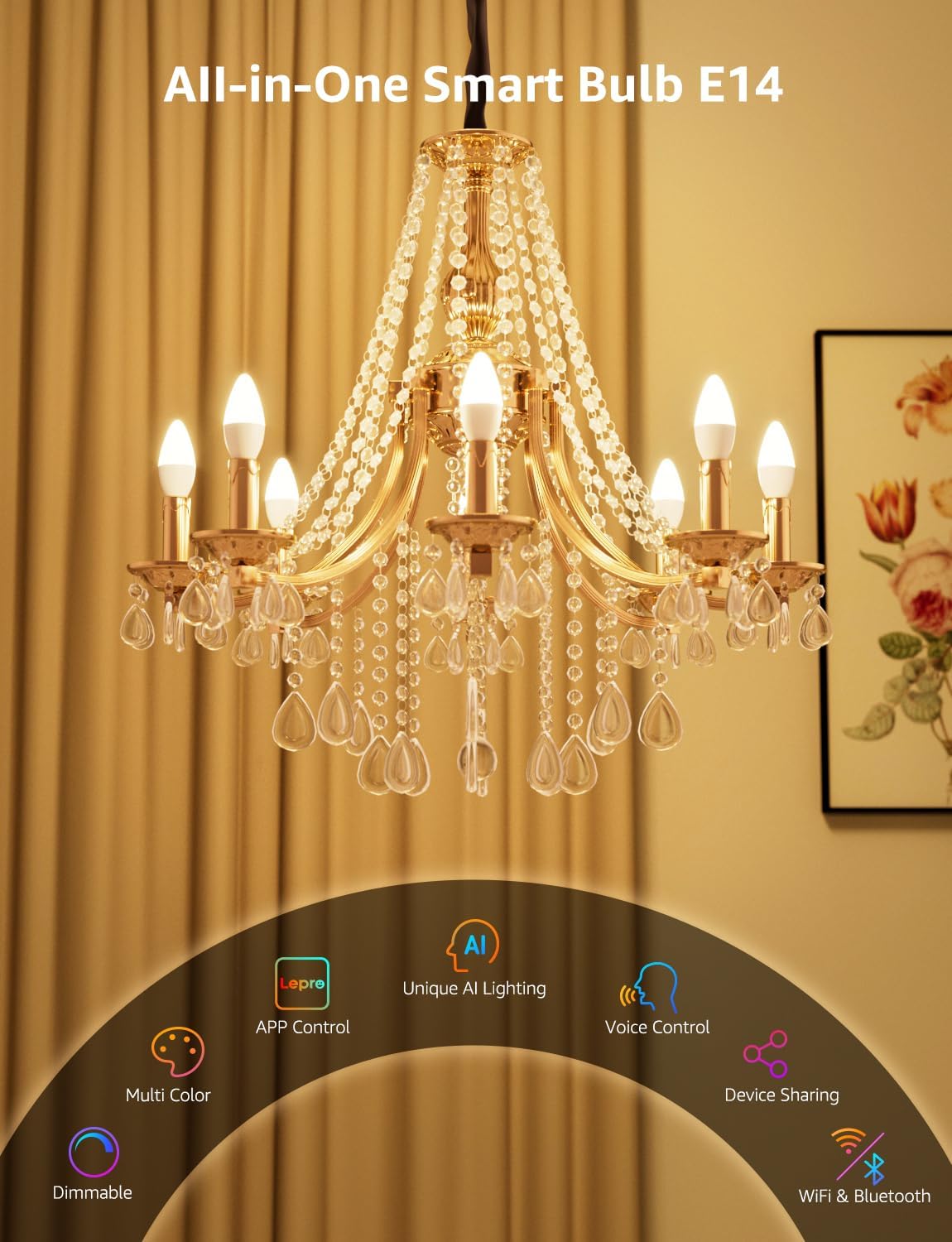 Lepro BC1 AI Smart Bulb E14, Music Sync WiFi Bulb, Voice Control, AI Lighting Design Assistant, Bluetooth Color Changing Light Bulb, RGBCCT Candle Bulb, Work with Alexa & Google Assistant, 4 Packs