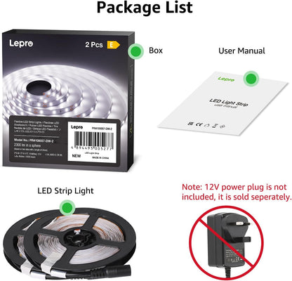 Lepro Bright White LED Strip Light 10M (2x5M), 2x2300lm 6000K LED Tape Light, Stick-on LED Lights for Kitchen Under Cabinet (12V Power Supply Not Included)