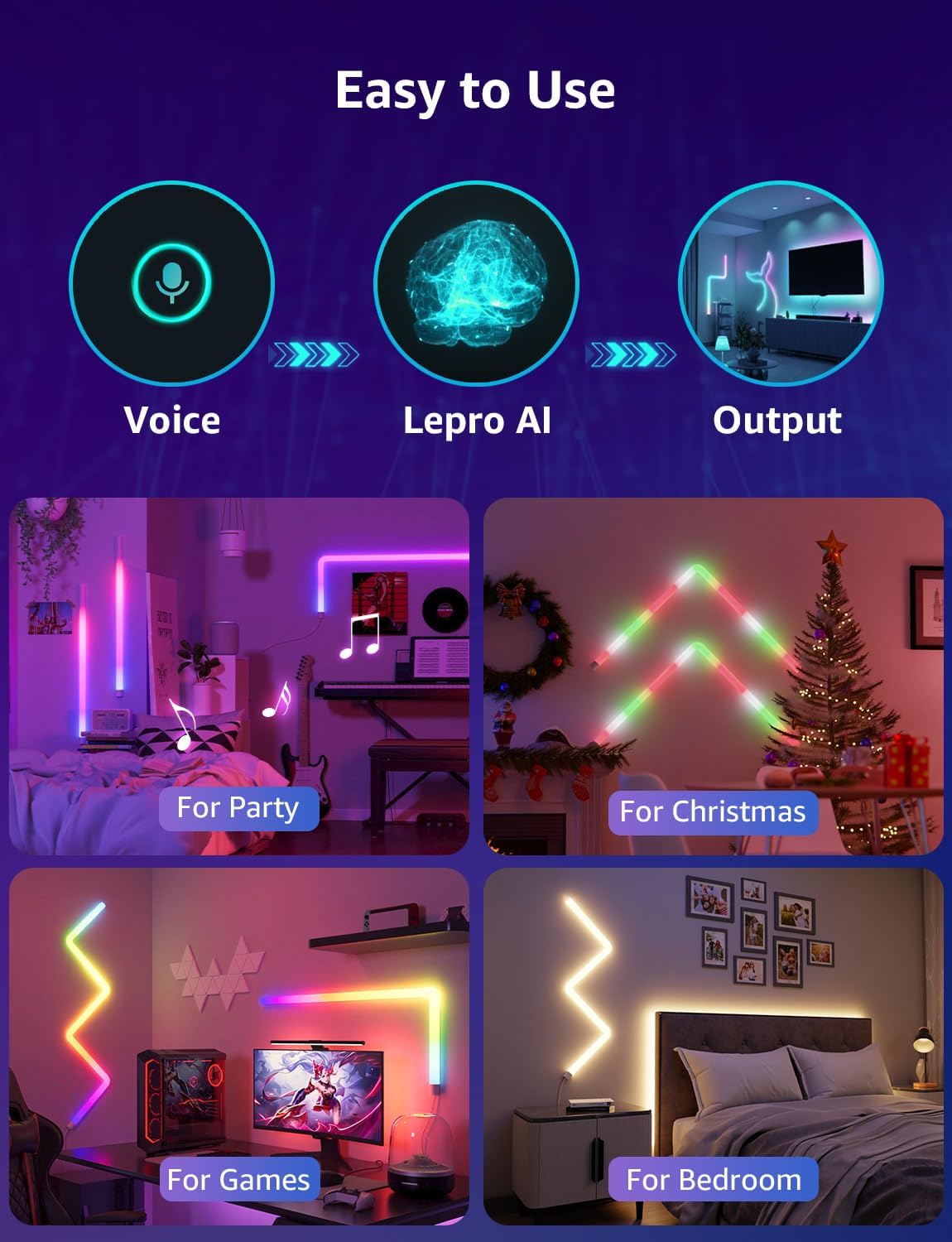 Lepro WL1 AI Smart Wall Light, Music Sync RGB Light Bar, Voice Control, AI Lighting Design Assistant, Mood Light for Home Decor, Gaming Light, Work with Alexa, Google Assistant,6 Pcs with 4 Corners