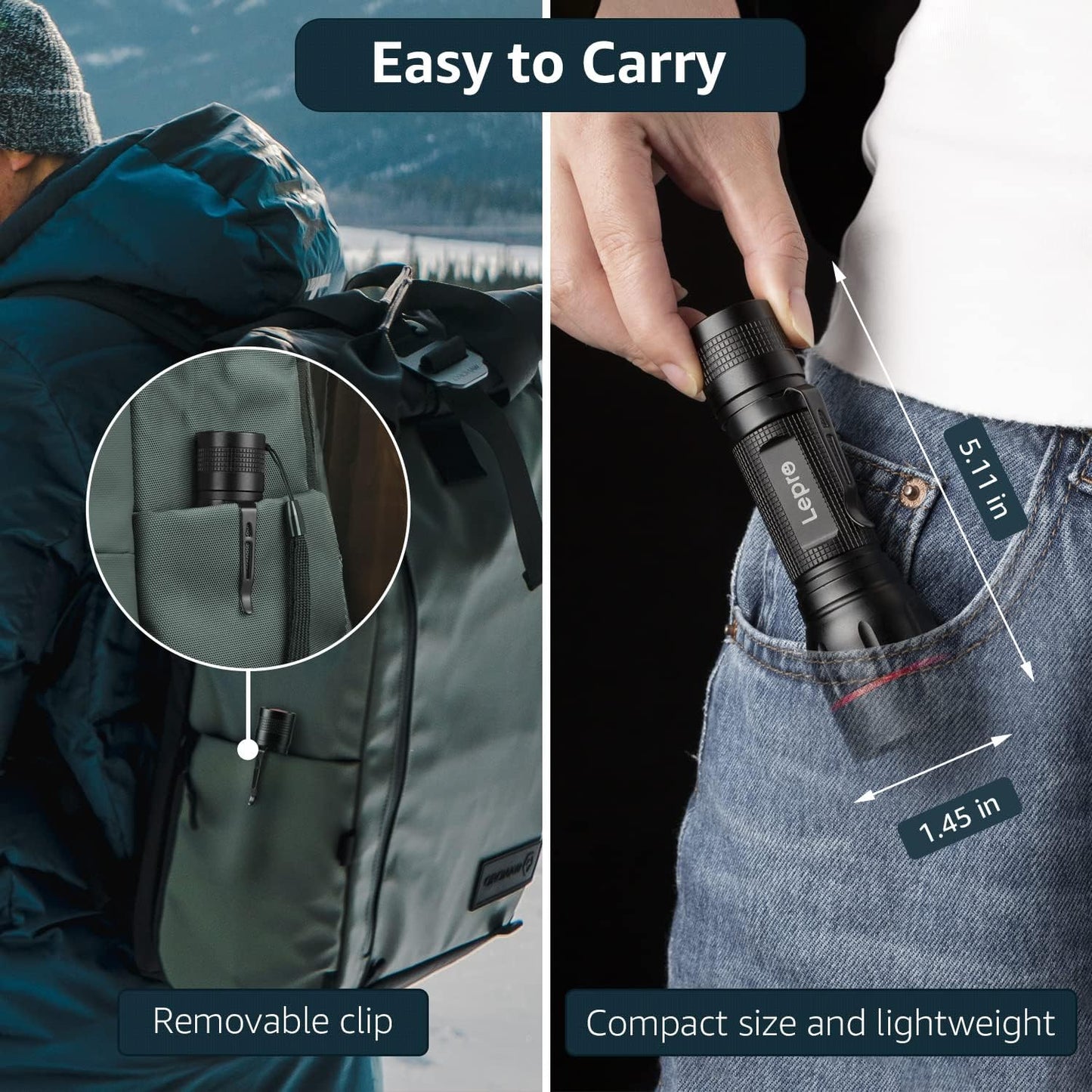 Lepro LED Torch Super Bright, LE2050 Pocket Flashlight, Zoomable, Waterproof, 5 Modes, Clip On, Small Hand Torch Powered by 18650 or AAA Battery (Not Included), for Power Cuts, Camping, Dog Walking