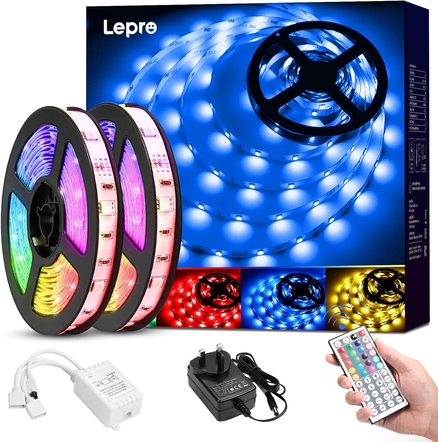 Lepro LED Strip Lights 15M (2x7.5M), RGB Colour Changing LED Strip with 44-Key Remote and 12V Power Plug, Stick-on LED Lights for Bedroom Home Decoration (450 Bright 5050 LED)