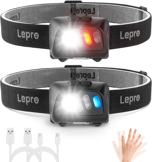 Lepro Head Torch, [2 Pack] Super Bright Led Rechargeable Headlamp with Motion Sensor, Long Runtime, 5 Lighting Modes, Red Lights, Waterproof Lightweight Headlight for Running Camping