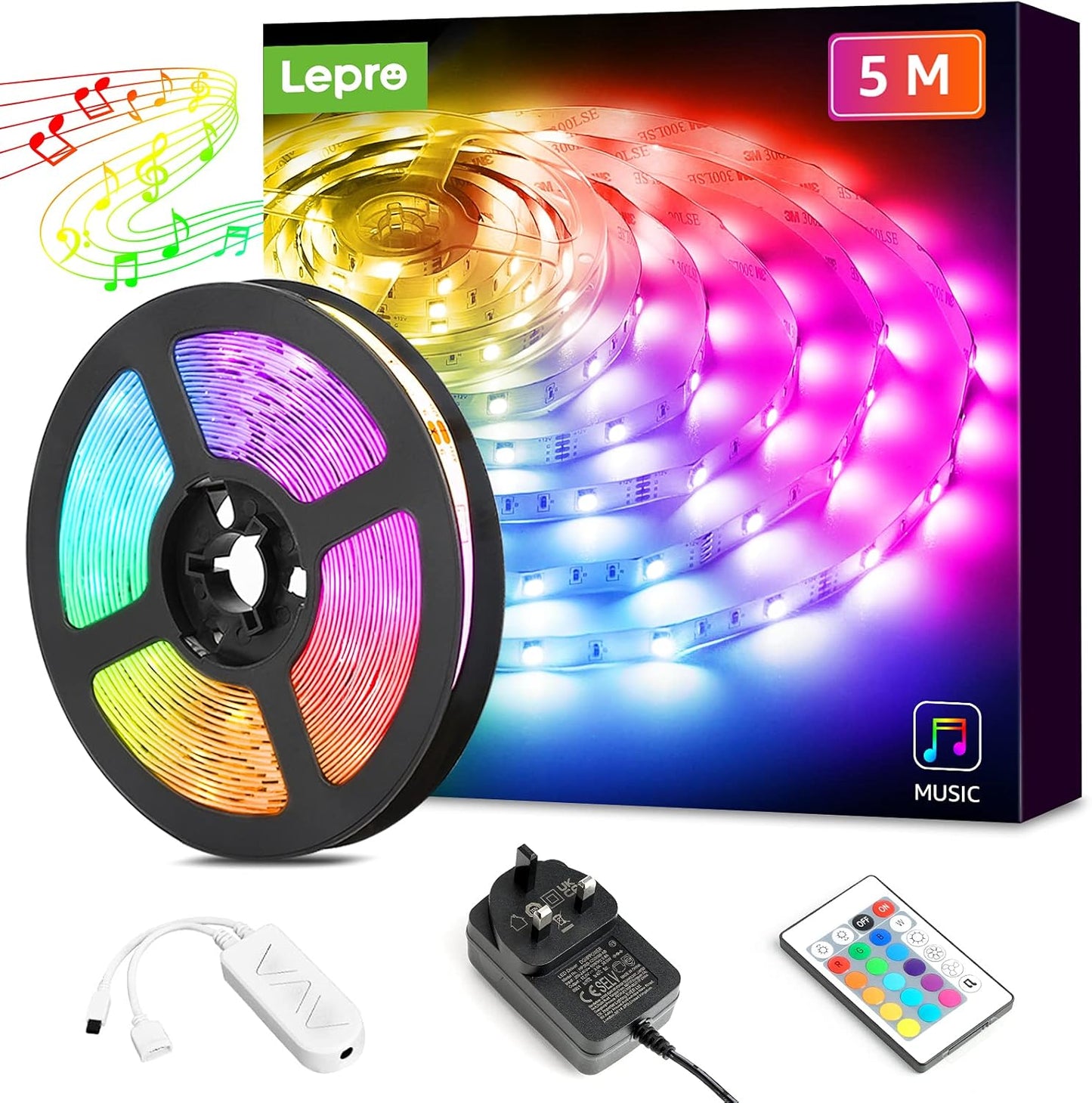 Lepro LED Strip Lights 5M Music Sync, 5050 RGB Colour Changing LED Strip with Remote, Sound Reactive, Dimmable Stick on Plug in LED Lights for Bedroom, Kitchen, Party, Teen Girl Kids Room Decor