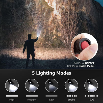 Lepro LED Torch Super Bright, LE2050 Pocket Flashlight, Zoomable, Waterproof, 5 Modes, Clip On, Small Hand Torch Powered by 18650 or AAA Battery (Not Included), for Power Cuts, Camping, Dog Walking