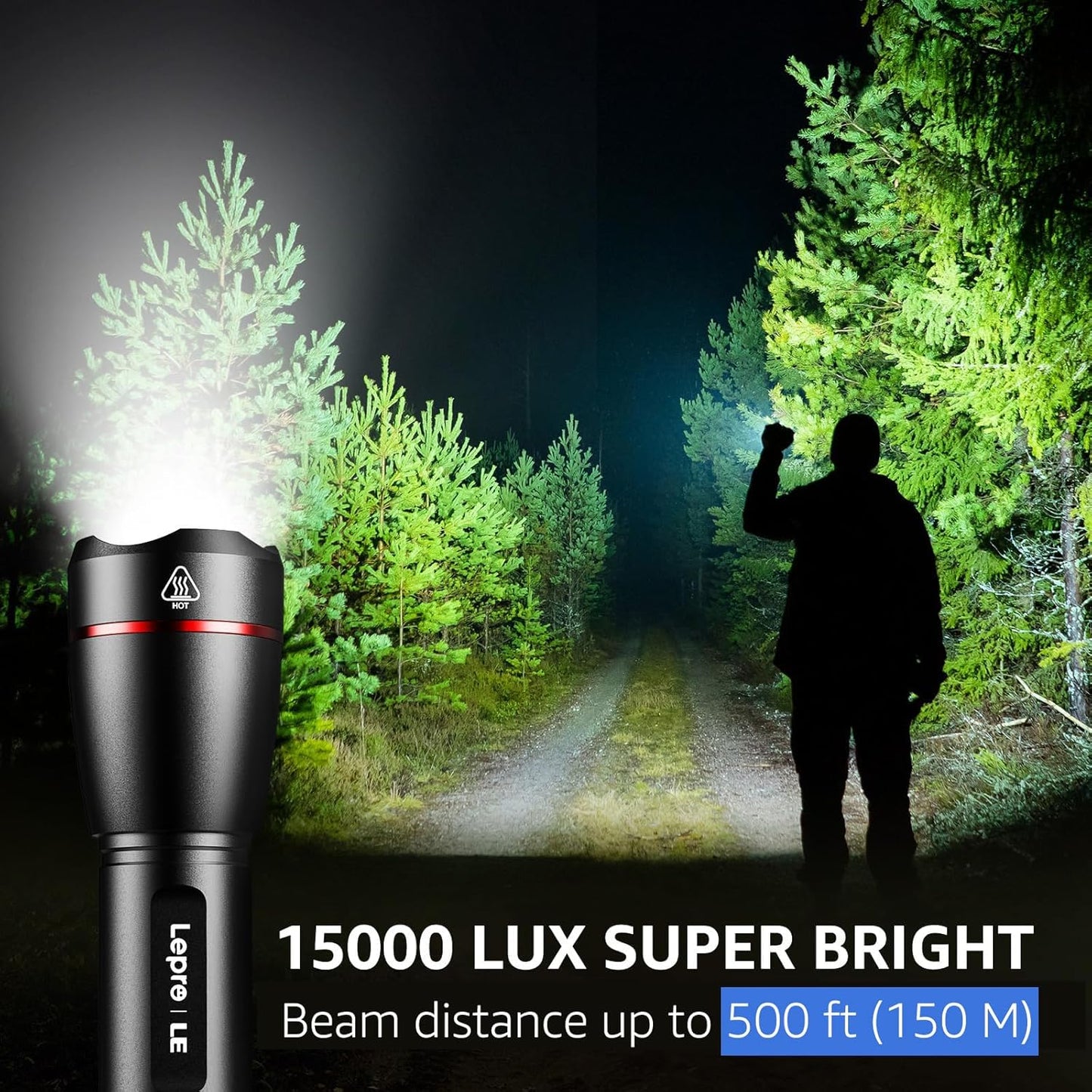 Lepro LED Torch Rechargeable, 15000 Lux Super Bright Adjustable Focus Flashlight, Long Battery Life, 5 Lighting Modes, IPX4 Waterproof, Powerful Torch for Camping, Power Cuts, Hiking, Outdoor, Gift