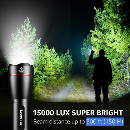 Lepro LED Torch Rechargeable, 15000 Lux Super Bright Adjustable Focus Flashlight, Long Battery Life, 5 Lighting Modes, IPX4 Waterproof, Powerful Torch for Camping, Power Cuts, Hiking, Outdoor, Gift