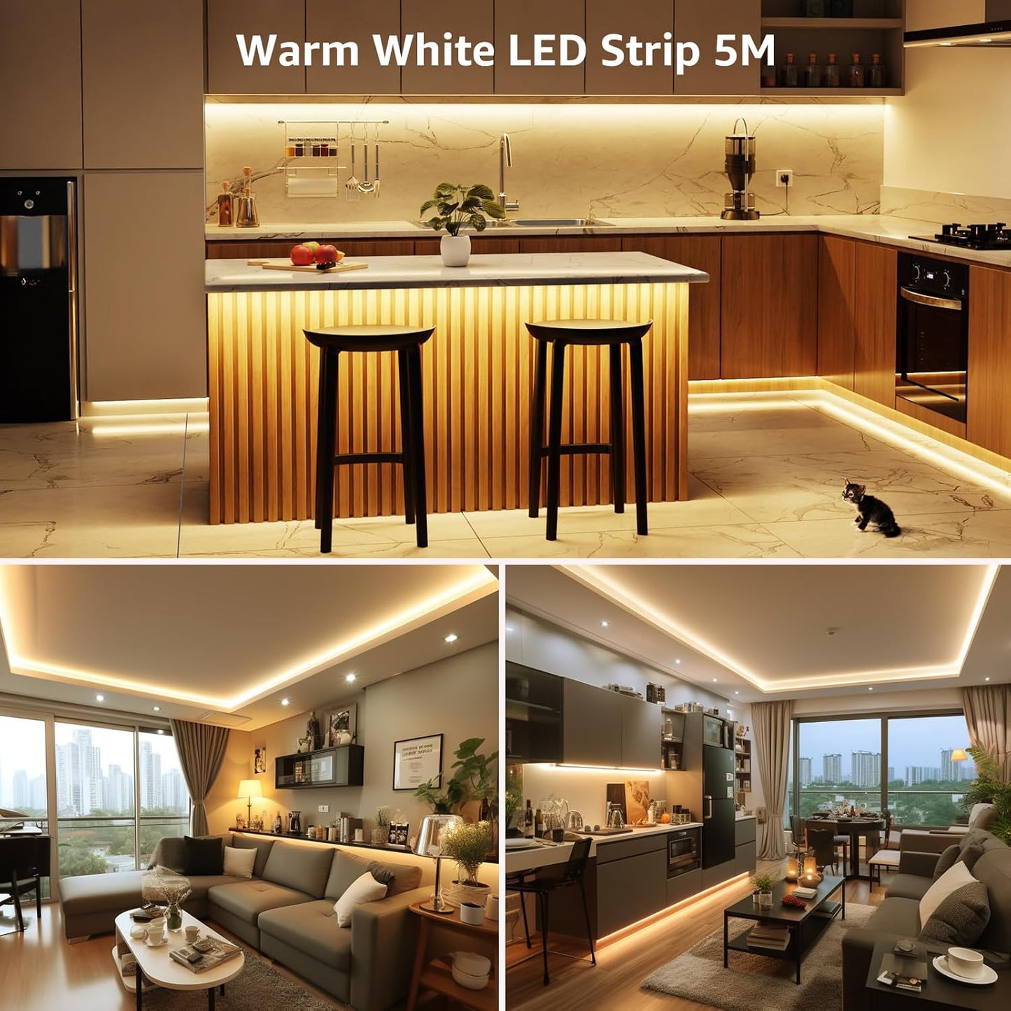 Lepro Warm White LED Strip Light 5M 300 LEDs, 1650lm Dimmable LED Tape Lights, 3000K Flexible LED Lights for Bedroom Kitchen Under Cabinet Wardrobe Stair (12V Power Plug and Dimmer Switch Included)