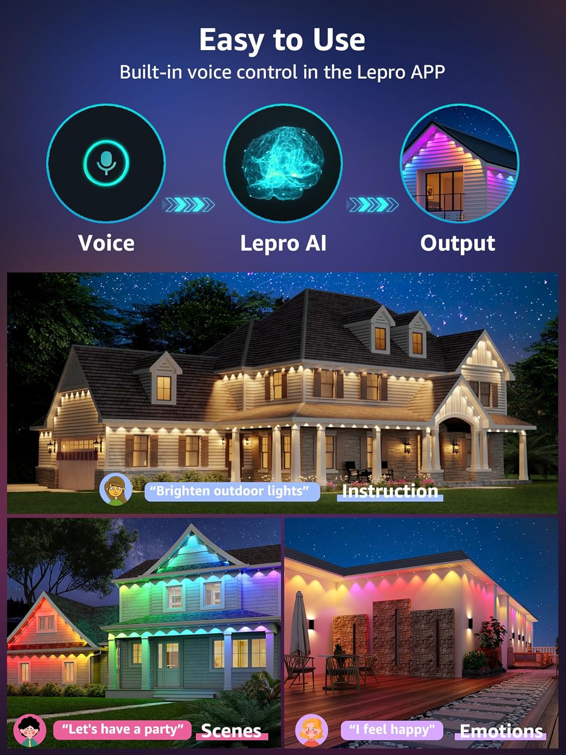 Lepro E1 AI Permanent Outdoor Lights 30m, Smart Outdoor Lights Waterproof, Tunable White, AI Lighting Design Assistant, Colour Changing Eaves Lights, Works with Alexa, 2.4G WiFi & Bluetooth, No Remote
