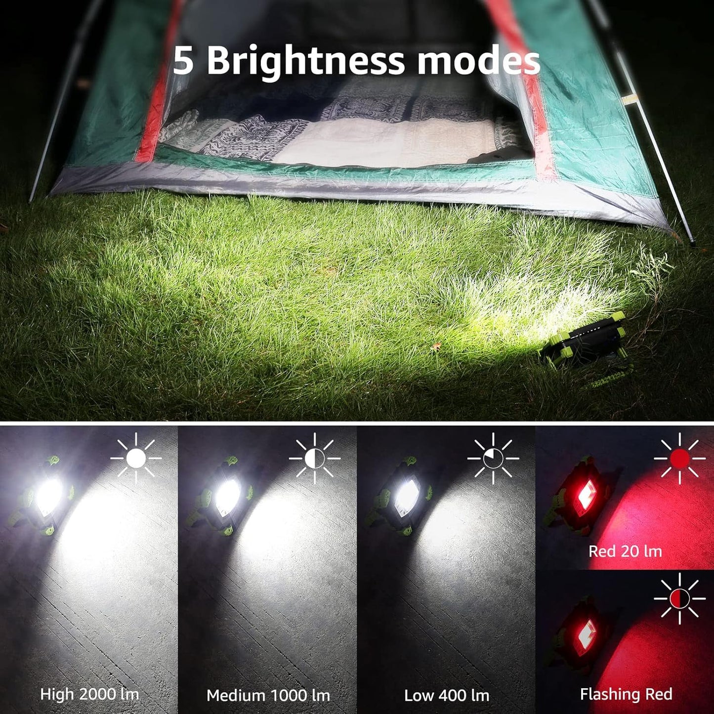 Lepro Work Lights Portable Rechargeable, 2000lm Camping Light Rechargeable, 5 Modes Emergency Lights for Power Cuts, 5200mAh Power Bank, Rechargeable Work Light, Suit as Fathers Day Gifts
