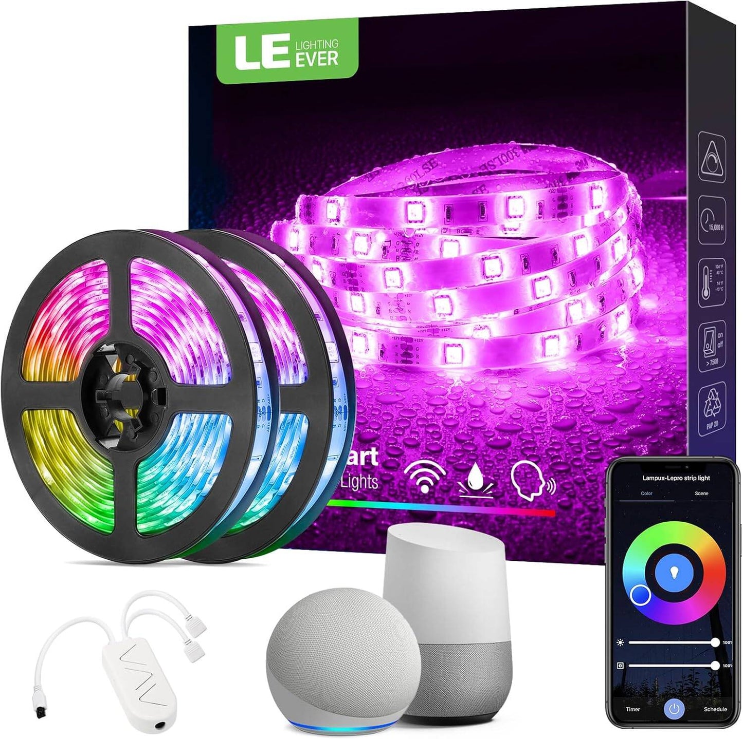 LE Smart LED Strip Lights 10M Outdoor Waterproof IP65, Voice & App Control, Works with Alexa and Google Home, 300 LEDs RGB LED Lights for Kitchen Party, 2 Rolls of 5M (2.4GHz WiFi Only)